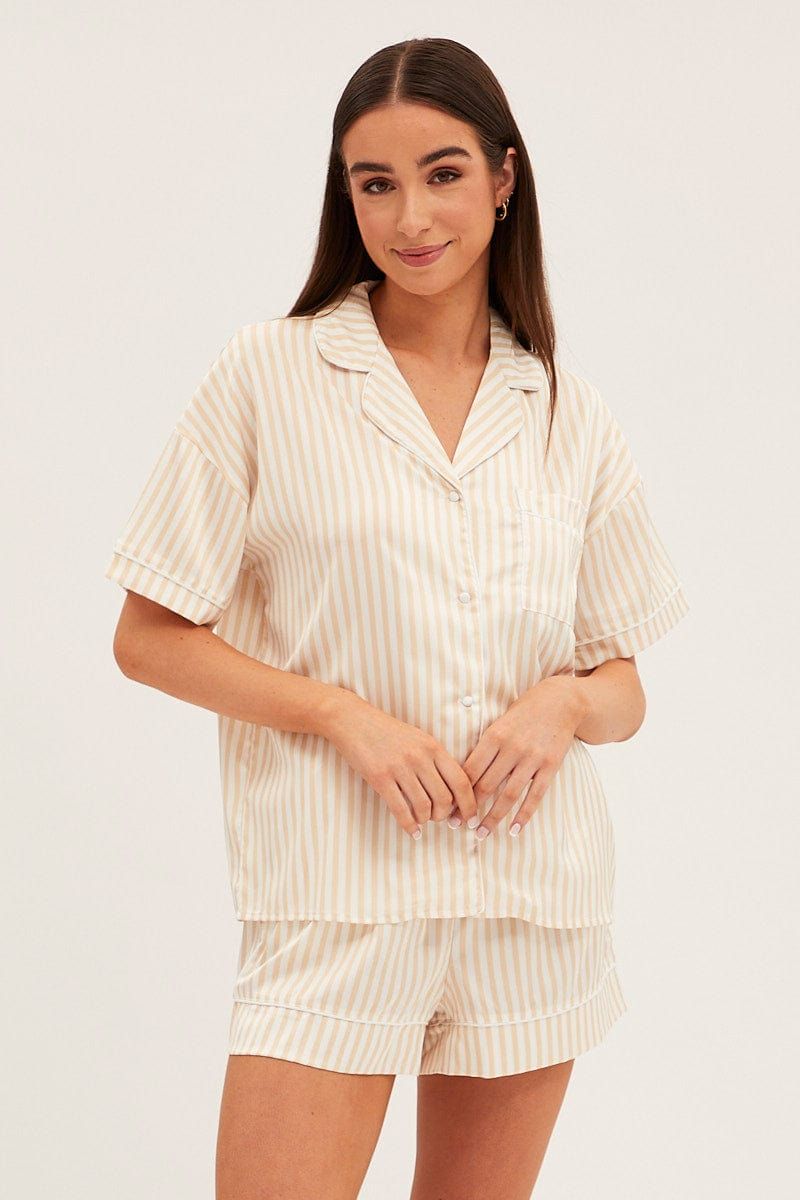 Brown Stripe Pyjamas Set Short Sleeve Collared Shorts Satin sold by Ally Fashion product image thumbnail 3