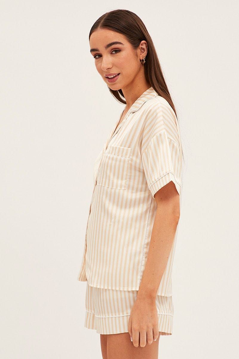 Brown Stripe Pyjamas Set Short Sleeve Collared Shorts Satin sold by Ally Fashion product image thumbnail 4