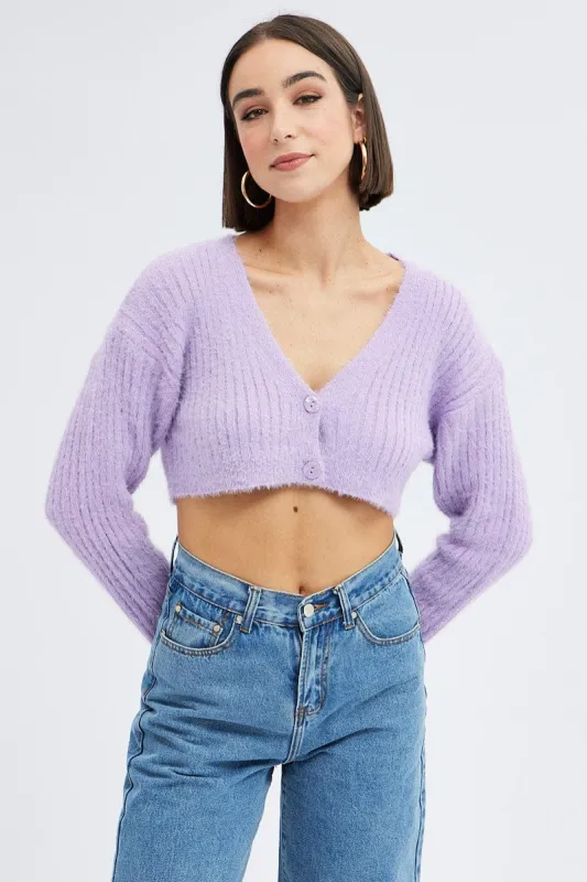Purple Crop Knit Cardigan V Neck sold by Ally Fashion