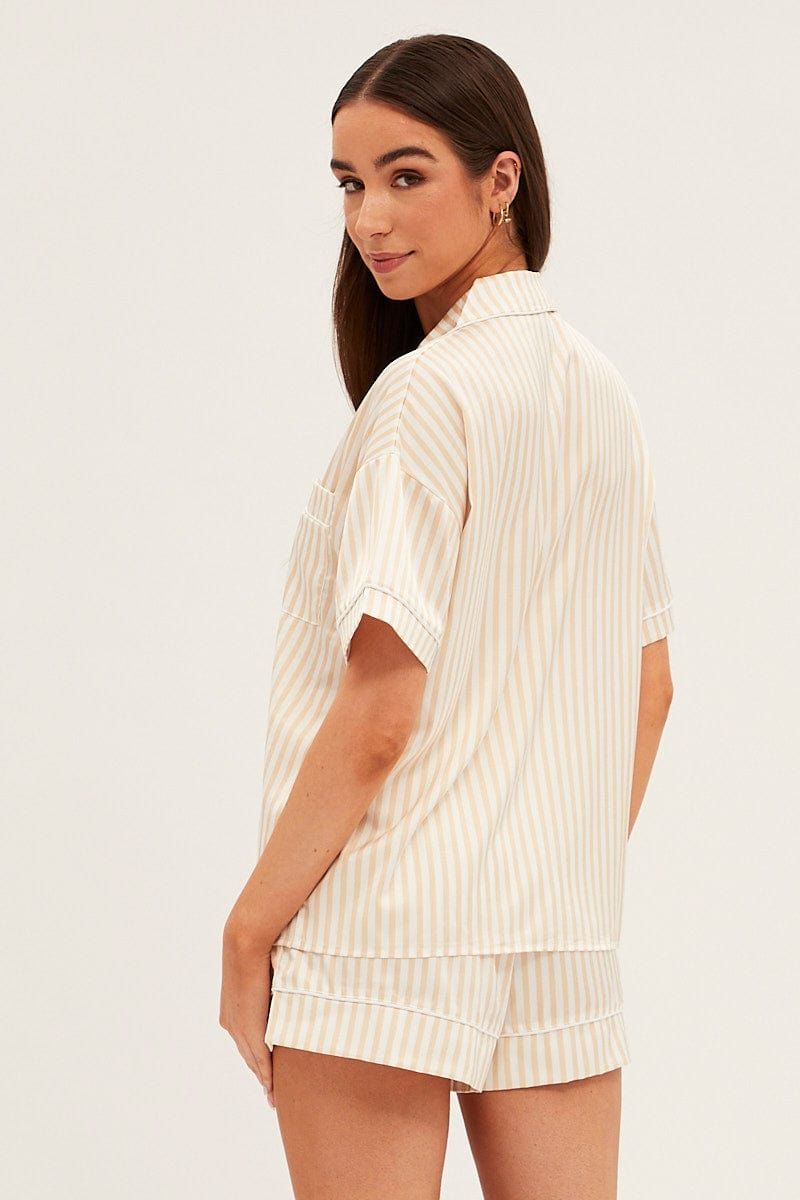 Brown Stripe Pyjamas Set Short Sleeve Collared Shorts Satin sold by Ally Fashion product image thumbnail 5