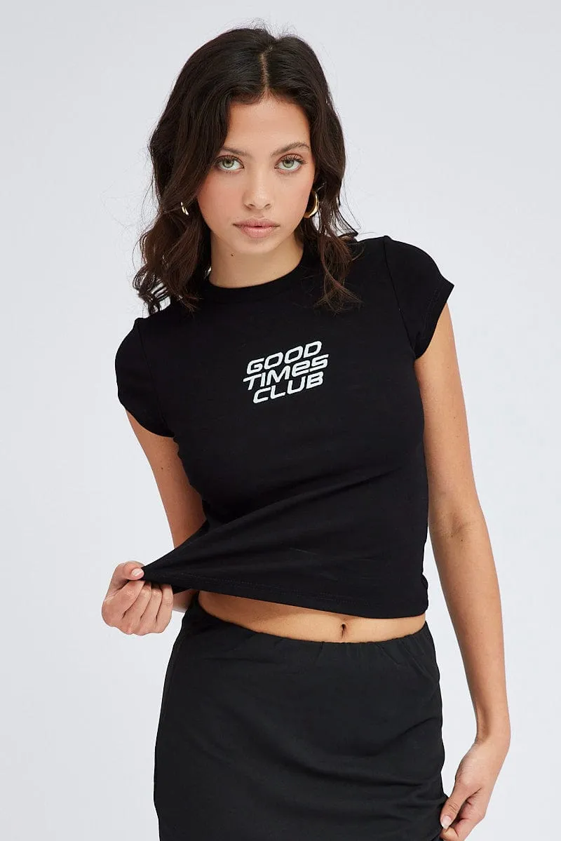 Black Graphic Tee Short sleeve Long Line sold by Ally Fashion