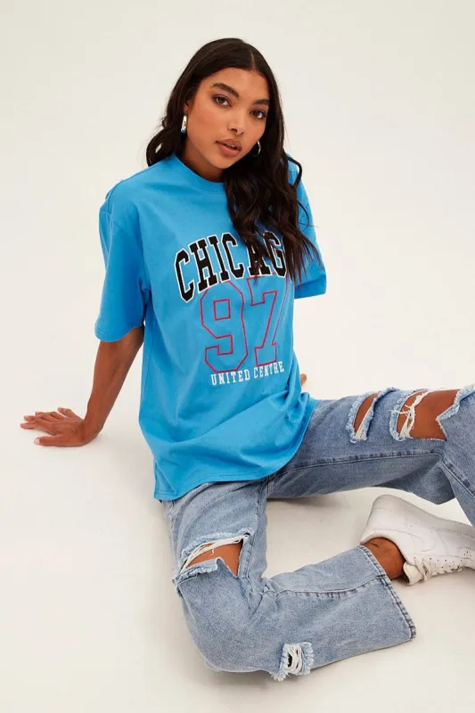 Blue Chicago Tee Short Sleeve Round Neck Embroidered sold by Ally Fashion