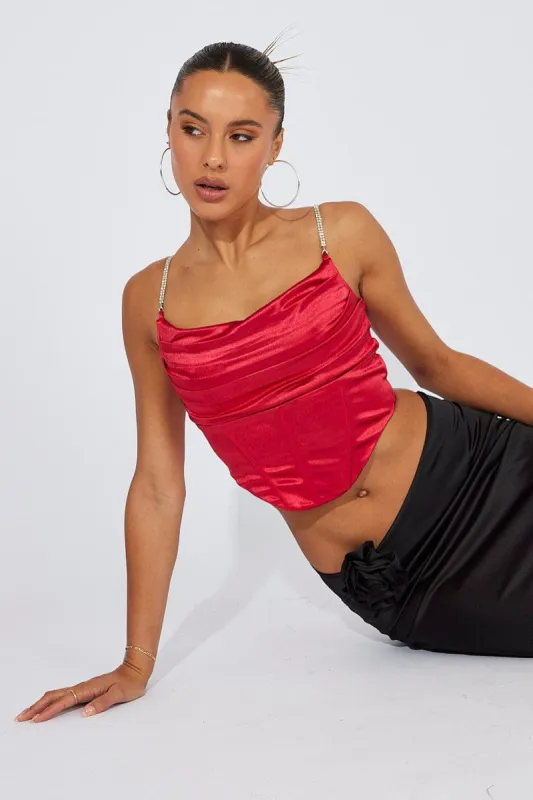 Red Satin Cami Sleeveless Diamante Strap sold by Ally Fashion