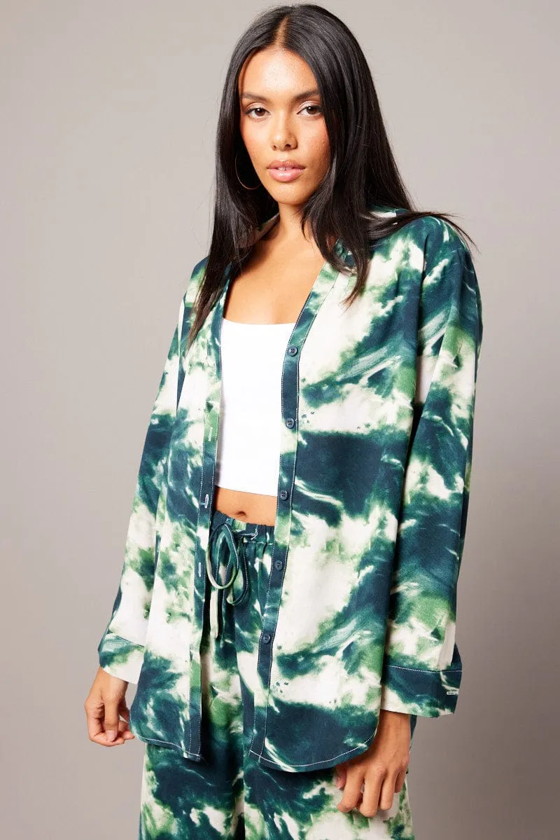 Green Abstract Relaxed Shirt Long Sleeve sold by Ally Fashion