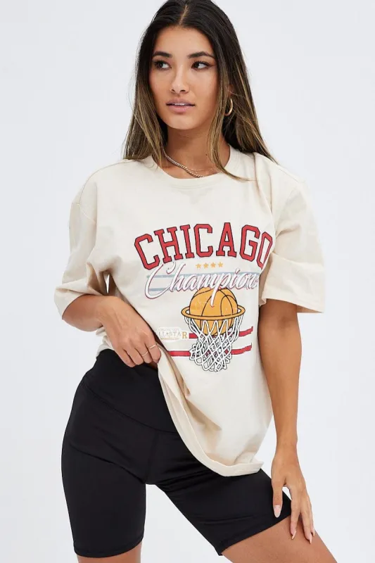 Beige T Shirt Short Sleeve Crew Neck Chicago Cotton sold by Ally Fashion