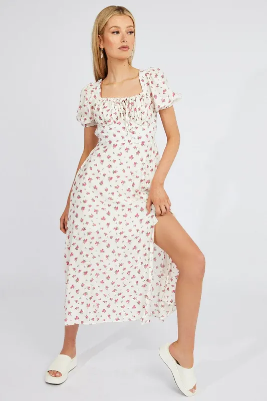 White Floral Midi Dress Puff Sleeve Midi sold by Ally Fashion