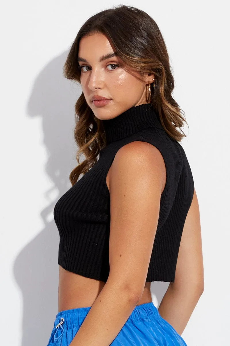 Black Knit Top Sleeveless Roll Neck Crop sold by Ally Fashion product image thumbnail 5