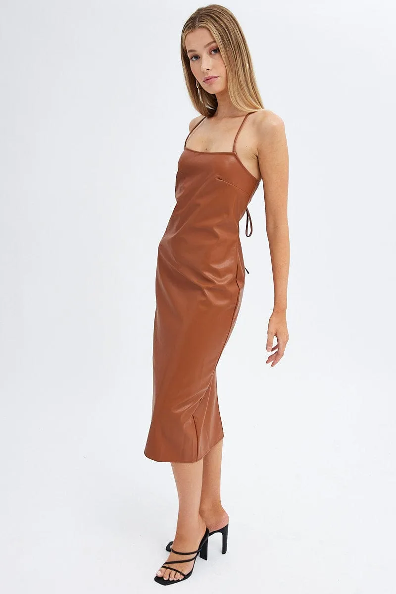 Beige Faux Leather Dress Sleeveless Scoop Neck Midi sold by Ally Fashion product image thumbnail 4