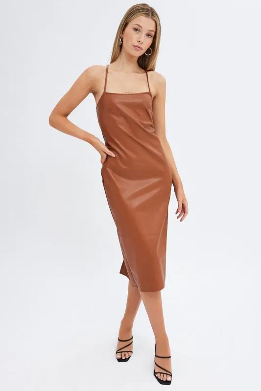Beige Faux Leather Dress Sleeveless Scoop Neck Midi sold by Ally Fashion