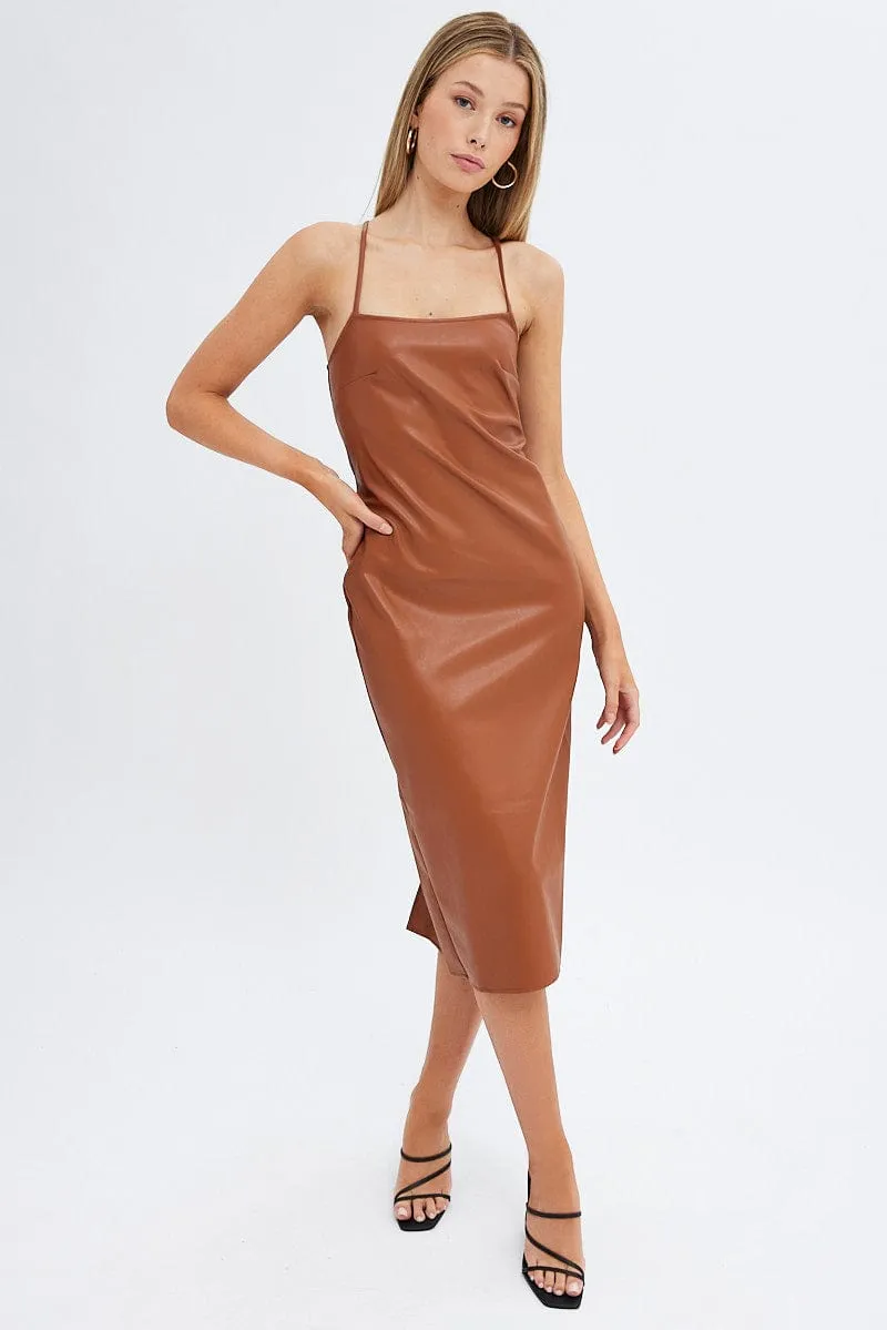 Beige Faux Leather Dress Sleeveless Scoop Neck Midi sold by Ally Fashion