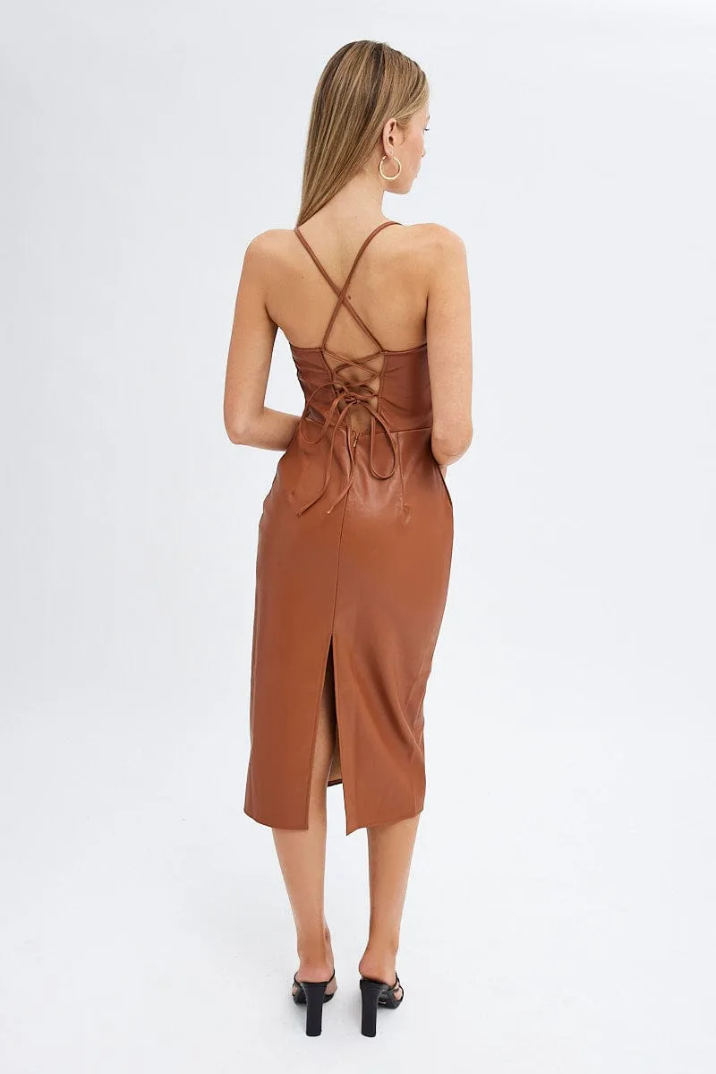 Beige Faux Leather Dress Sleeveless Scoop Neck Midi sold by Ally Fashion product image thumbnail 5