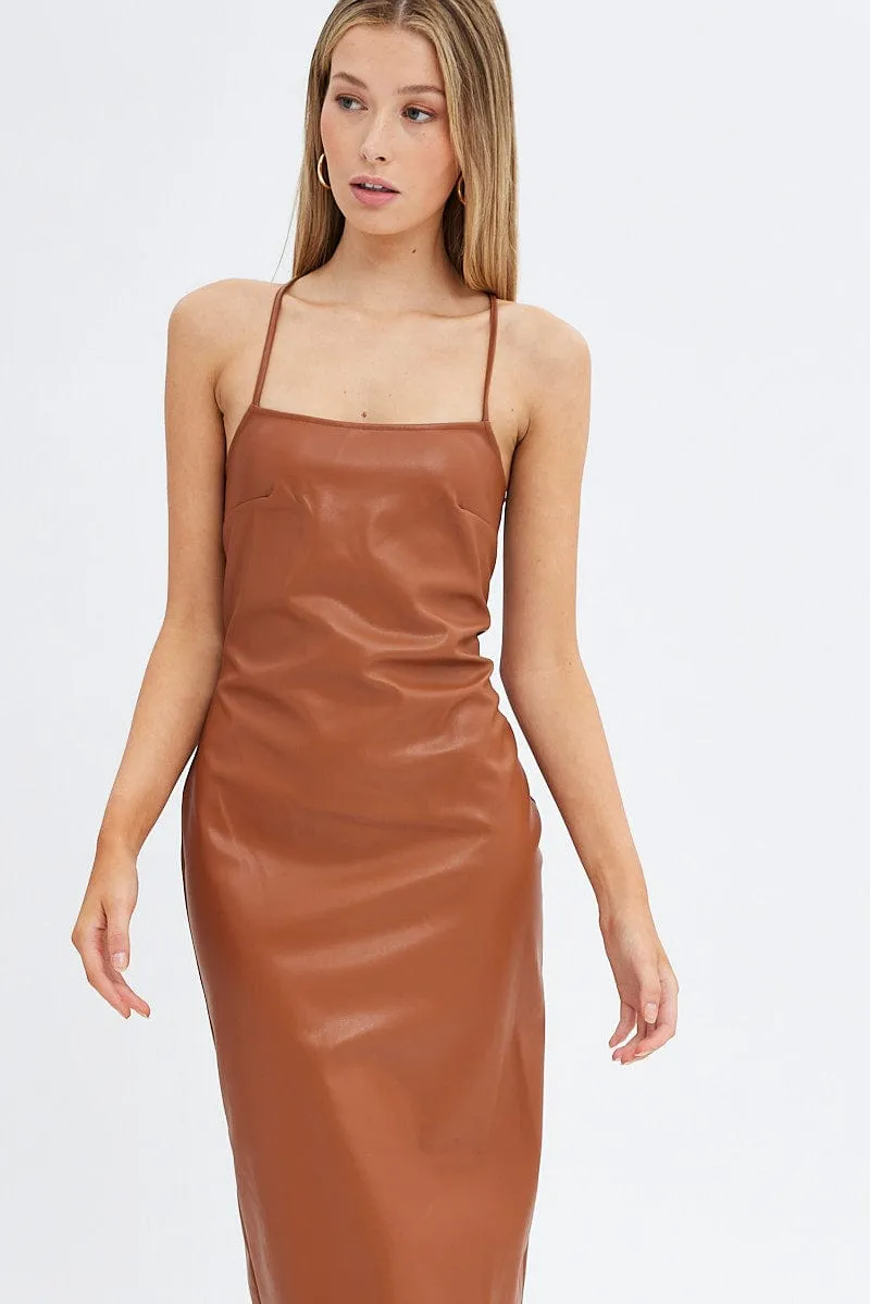 Beige Faux Leather Dress Sleeveless Scoop Neck Midi sold by Ally Fashion product image thumbnail 2