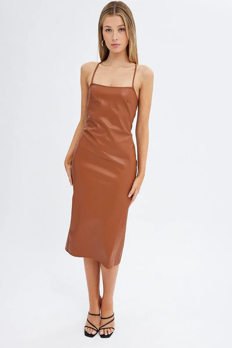 Beige Faux Leather Dress Sleeveless Scoop Neck Midi sold by Ally Fashion product image thumbnail 3