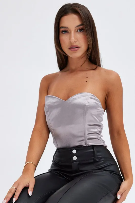 Grey Bodysuit Sleeveless Sweetheart Satin Stretch sold by Ally Fashion