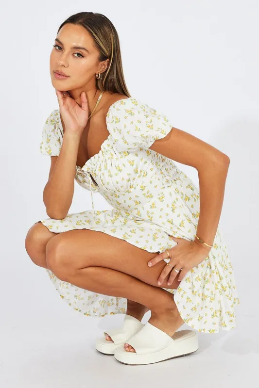 White Ditsy Fit And Flare Dress Puff Sleeve Mini sold by Ally Fashion