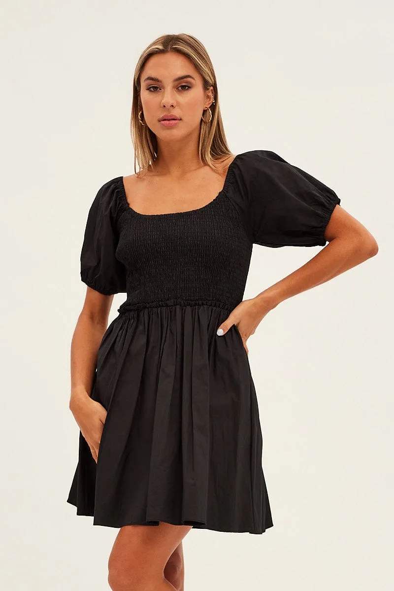 White Fit And Flare Dress Puff Sleeve Mini Poplin sold by Ally Fashion