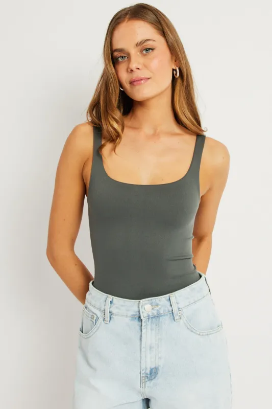 Grey Bodysuit Sleeveless Square Neck Seamless sold by Ally Fashion