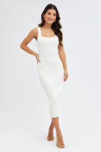 White Knit Midi Dress Sleeveless Scoop Neck Bodycon Rib sold by Ally Fashion
