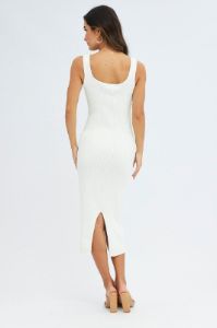 White Knit Midi Dress Sleeveless Scoop Neck Bodycon Rib sold by Ally Fashion