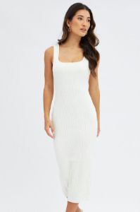 White Knit Midi Dress Sleeveless Scoop Neck Bodycon Rib sold by Ally Fashion