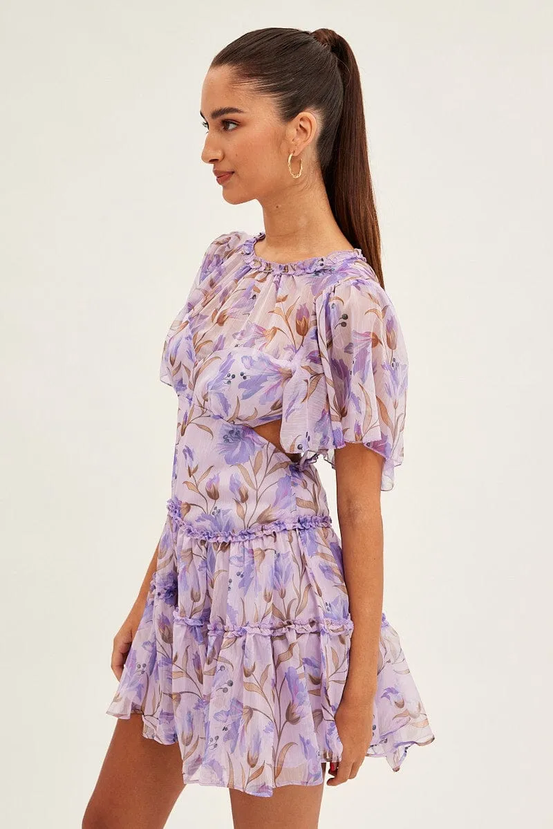 Blue Floral Fit And Flare Dress Short Sleeve Backless sold by Ally Fashion product image thumbnail 4