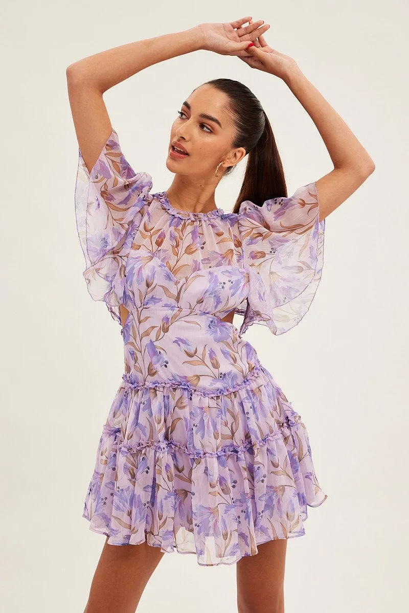 Blue Floral Fit And Flare Dress Short Sleeve Backless sold by Ally Fashion