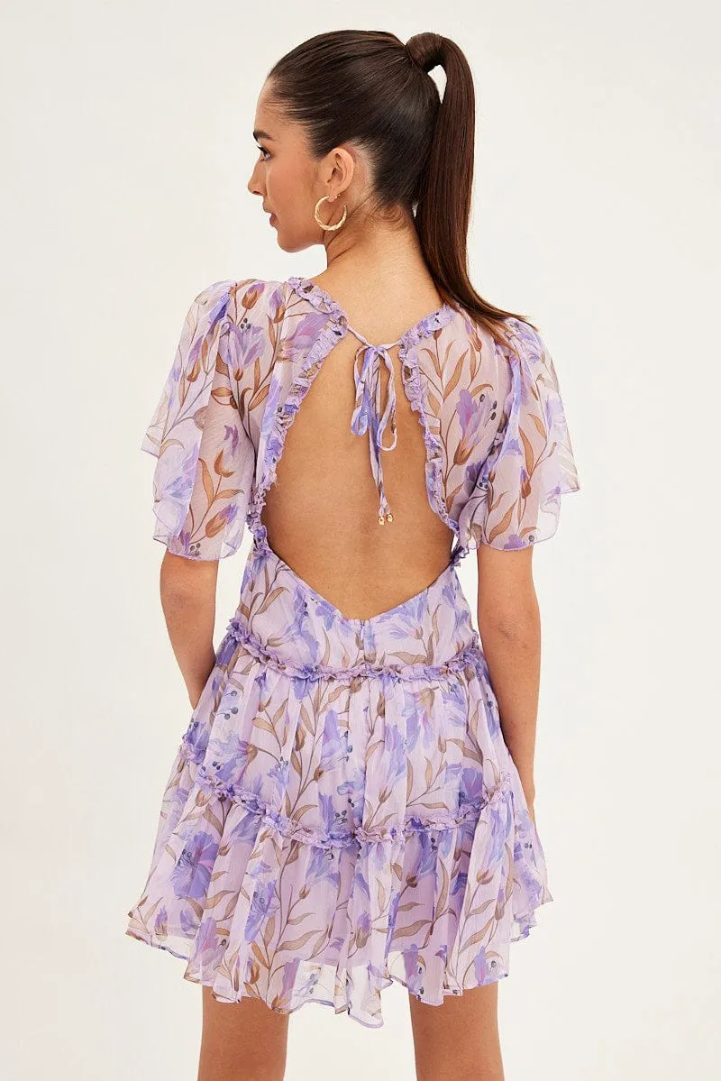 Blue Floral Fit And Flare Dress Short Sleeve Backless sold by Ally Fashion product image thumbnail 5