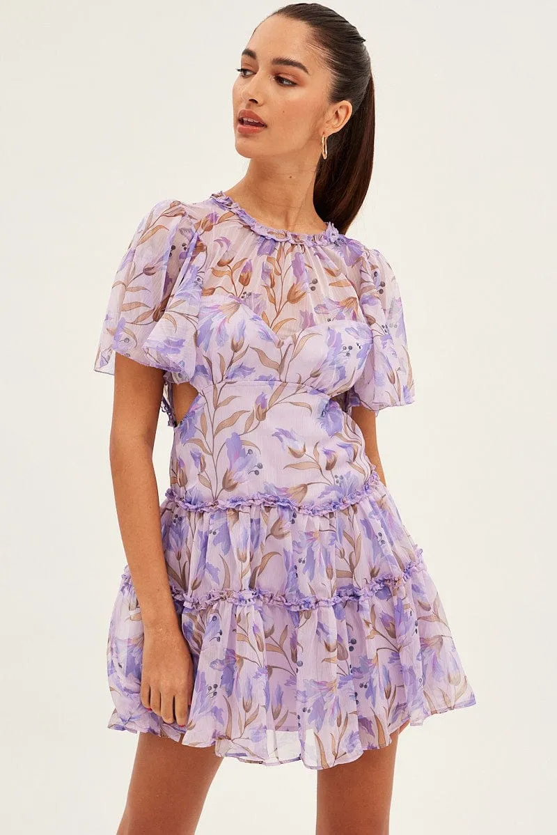 Blue Floral Fit And Flare Dress Short Sleeve Backless sold by Ally Fashion product image thumbnail 3
