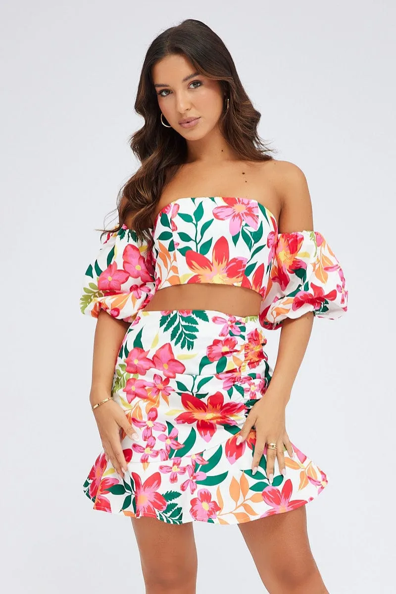 Multi Floral Gathered Skirt Mini Length Ruffle Detail sold by Ally Fashion