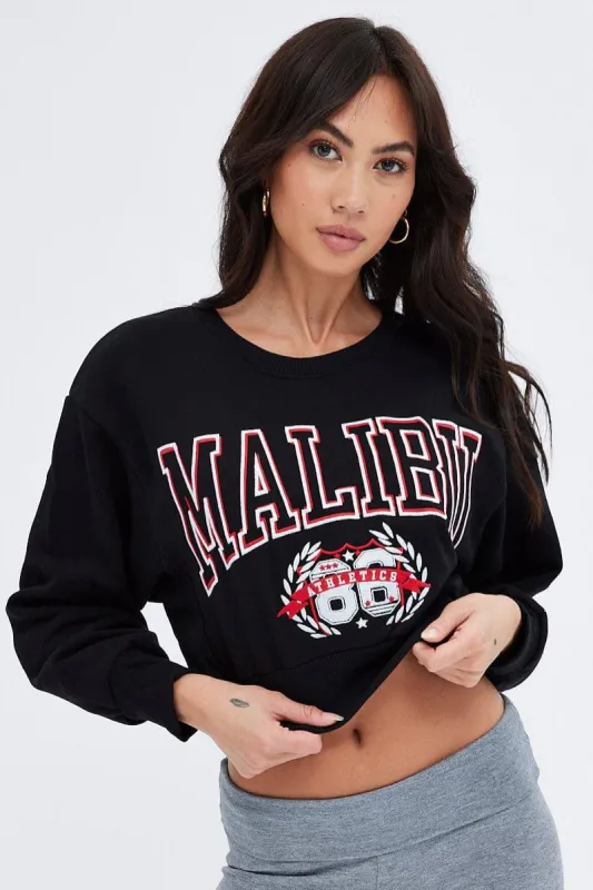 Black Sweater Round Neck Long Sleeve Embroidery sold by Ally Fashion