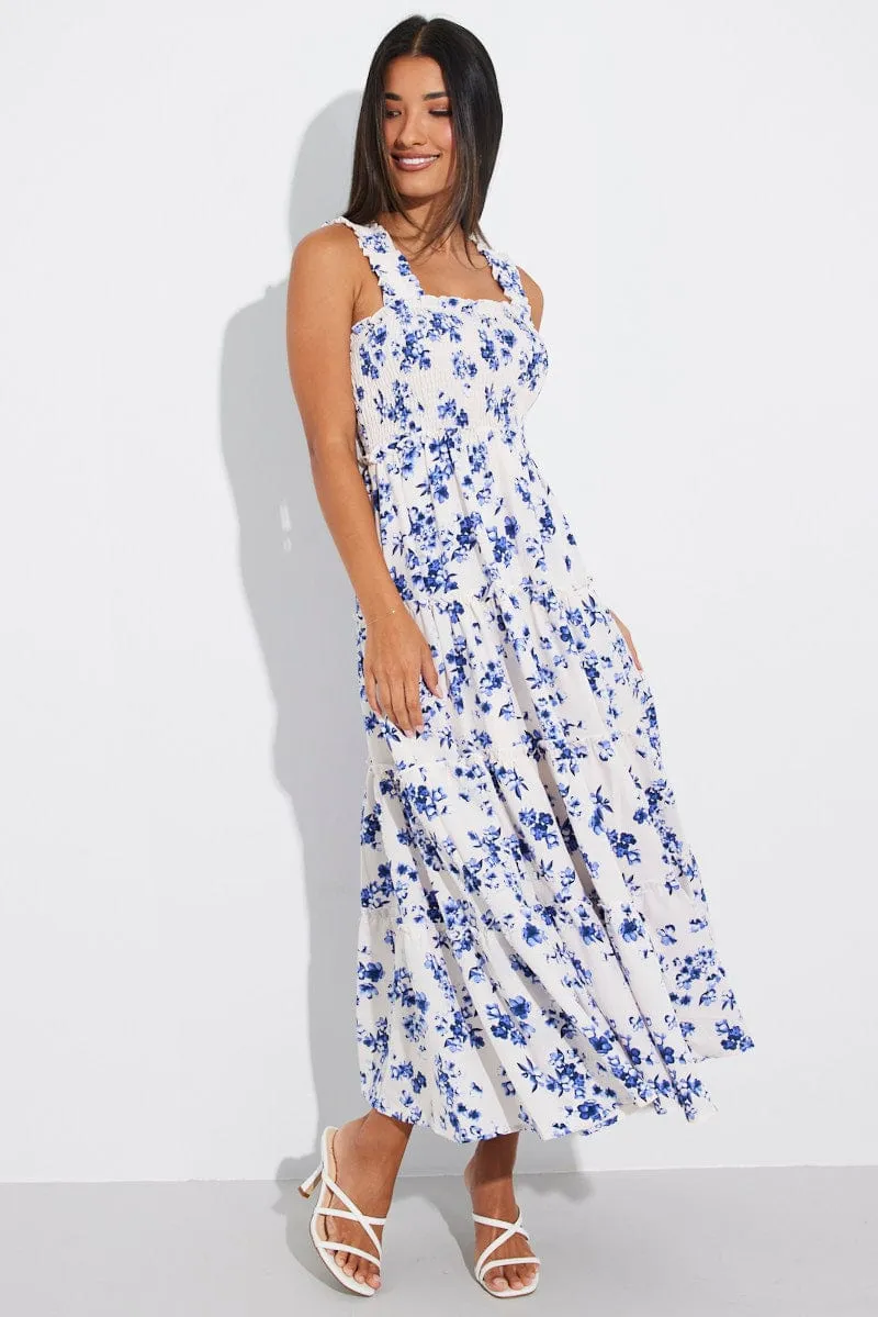 White Floral Maxi Dress Shirred Bust Tiered sold by Ally Fashion product image thumbnail 2