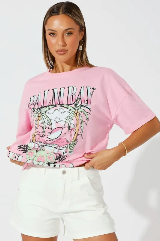 Pink Graphic Tee Tropical Palm Slogan Oversized Tshirt sold by Ally Fashion