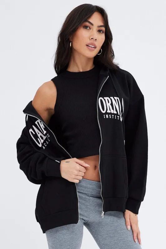 Black Hoodie Zip Long Sleeves Applique made by Ally Fashion