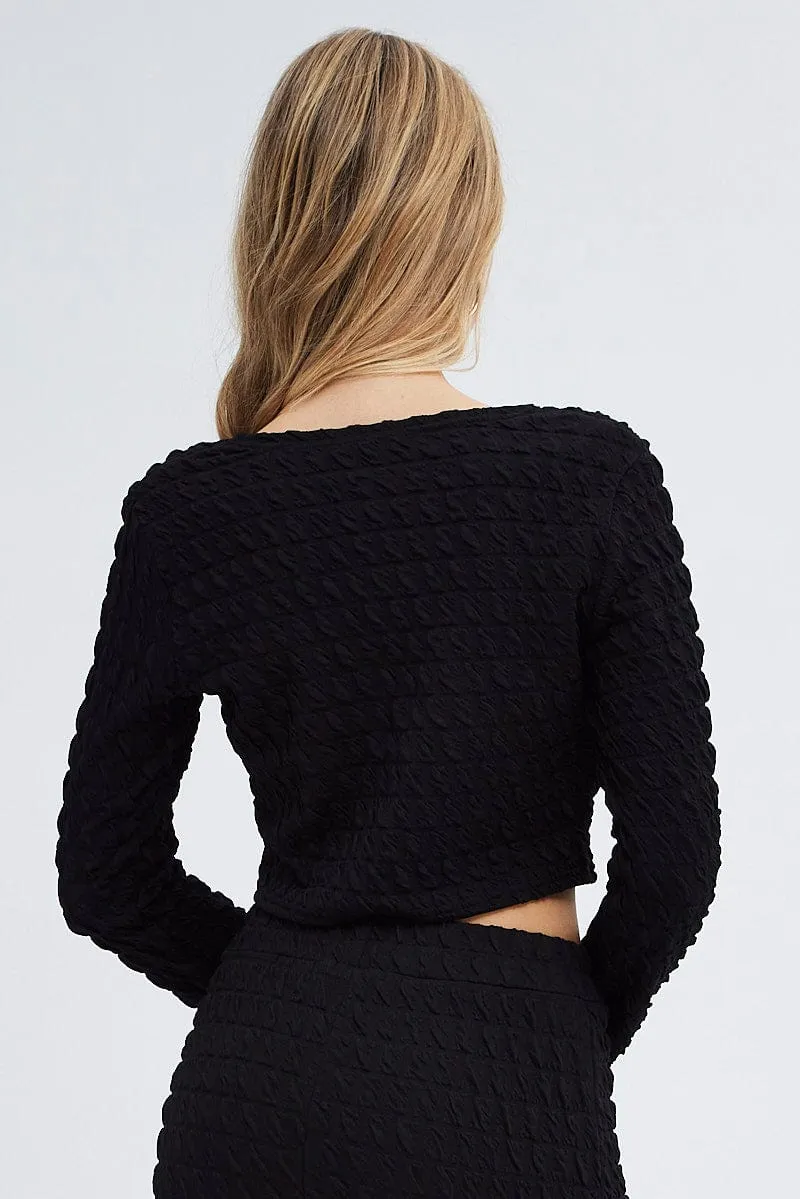 Black Top Crop Texture Long Sleeve Tie Front sold by Ally Fashion product image thumbnail 5