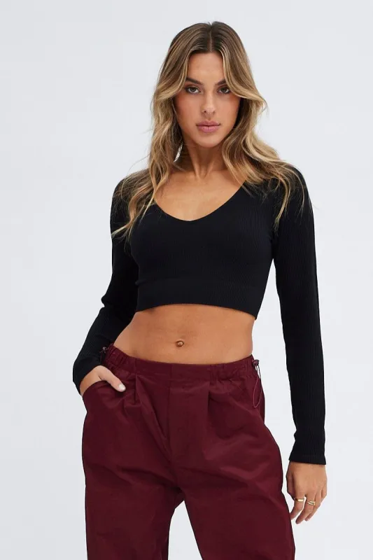 Black Top Long sleeve V neck Seamless sold by Ally Fashion