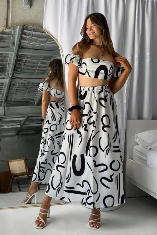 White Abstract Abstract Off Shoulder Crop Top sold by Ally Fashion