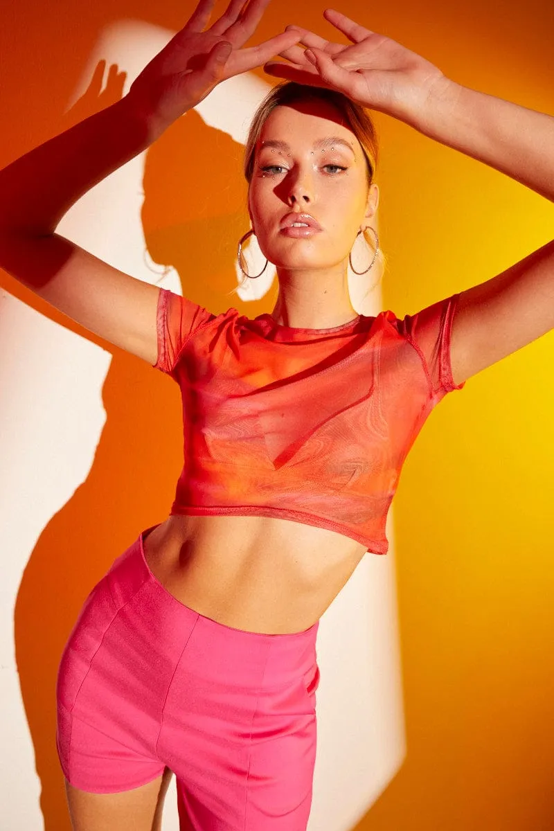 Pink Abstract Landscape Print Mesh Short Sleeve Top sold by Ally Fashion