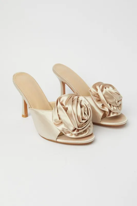 Nude Heels Rosette 3D Rose Heeled Mules sold by Ally Fashion