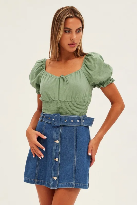 Green Bodysuit Short Sleeve Sweetheart Shirred Waist sold by Ally Fashion