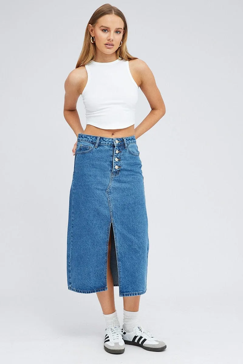 Denim Midi Skirt High Rise Button Front Split Denim sold by Ally Fashion
