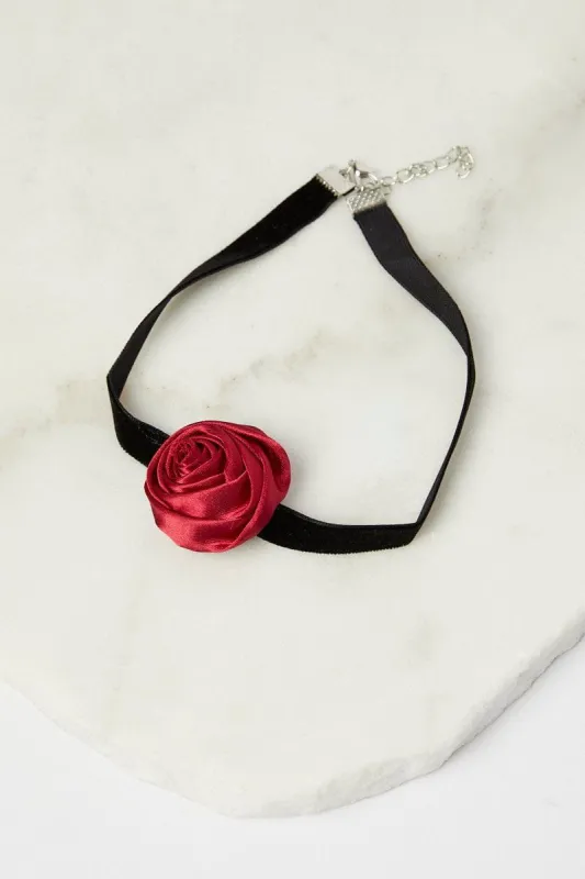 Red Rosette Flower Corsage Rose Choker sold by Ally Fashion