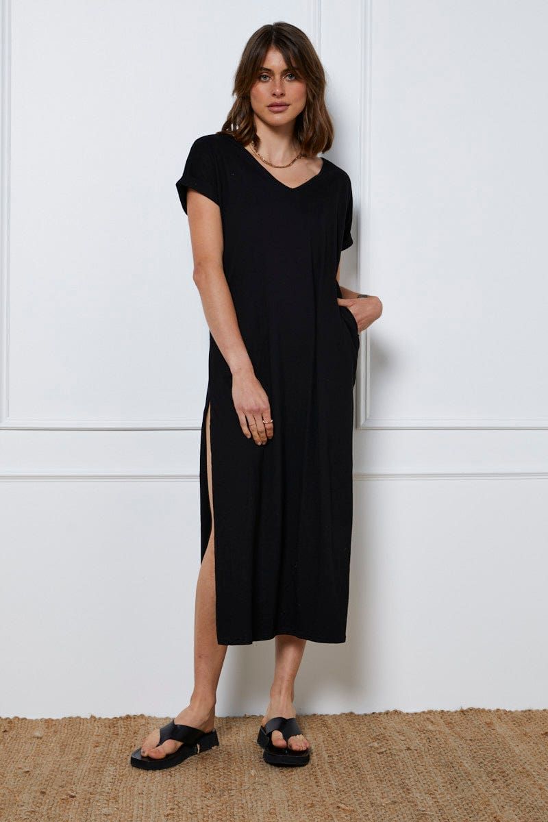 Black Maxi Dress Short Sleeve V Neck sold by Ally Fashion
