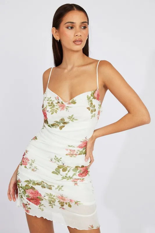 White Floral Bodycon Dress Ruffle Mesh sold by Ally Fashion