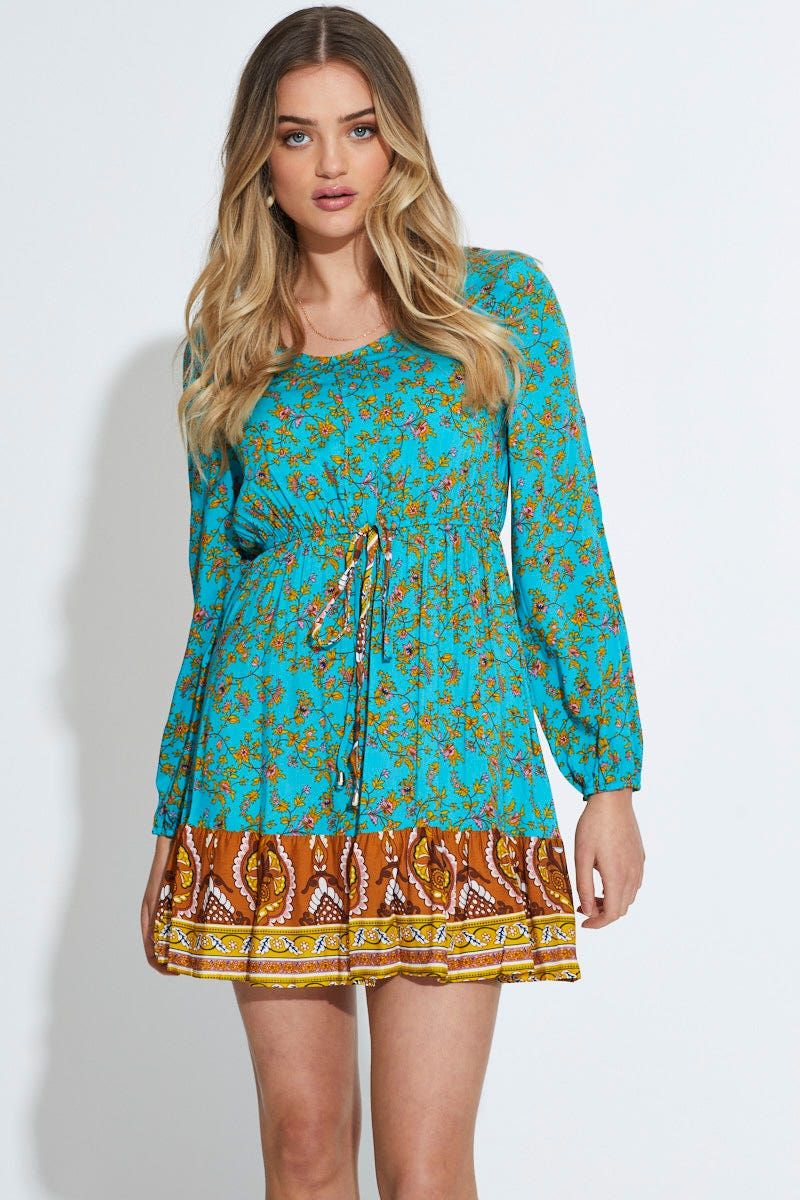 Print Mini Dress Long Sleeve V Neck sold by Ally Fashion