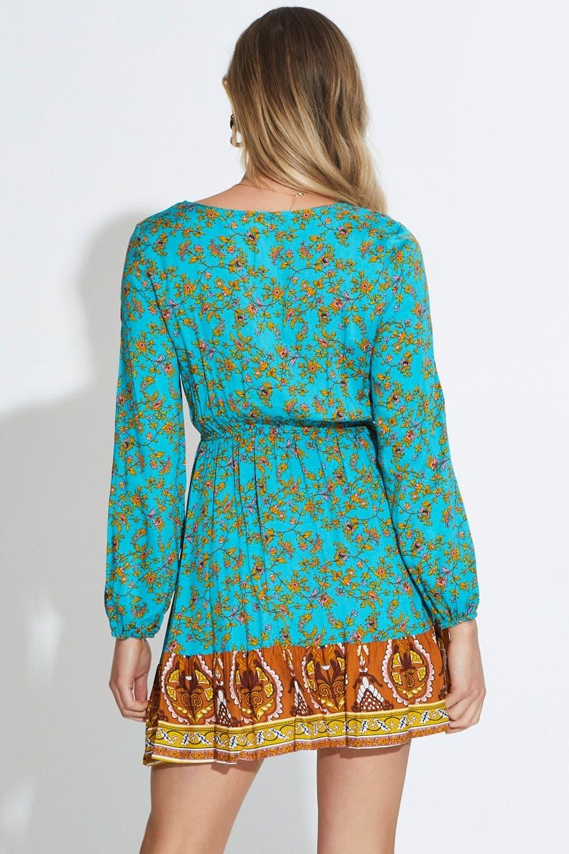 Print Mini Dress Long Sleeve V Neck sold by Ally Fashion product image thumbnail 4