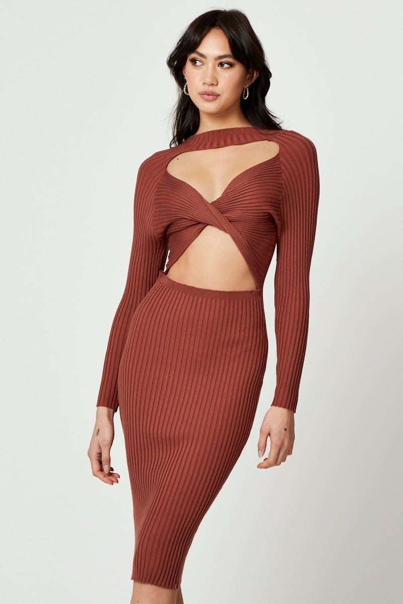 Beige High Neck Twist Detail Bodycon Knit Dress sold by Ally Fashion product image thumbnail 2