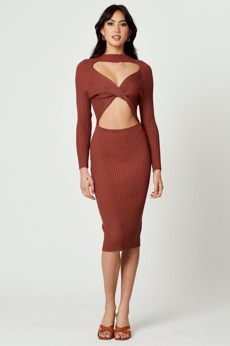 Beige High Neck Twist Detail Bodycon Knit Dress sold by Ally Fashion