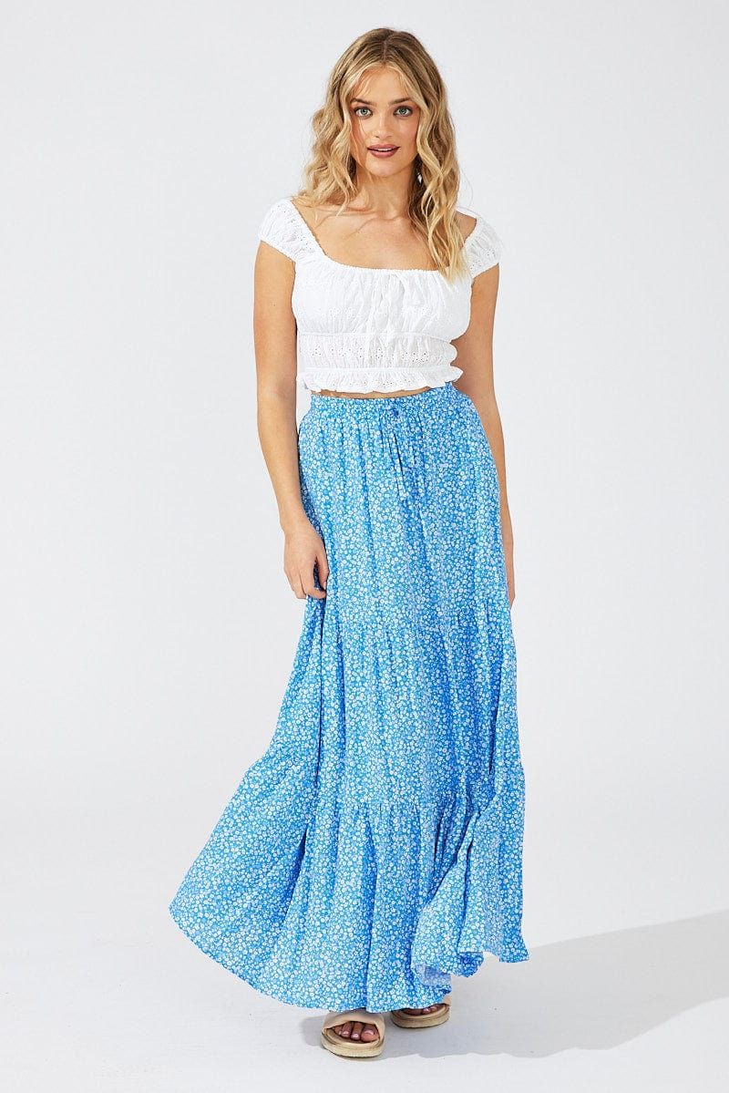 Blue Ditsy Maxi Skirt High Rise Elasticated Waist sold by Ally Fashion