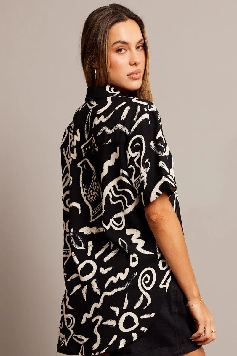 Black Abstract Relaxed Shirt Short Sleeve V-Neck sold by Ally Fashion product image thumbnail 5