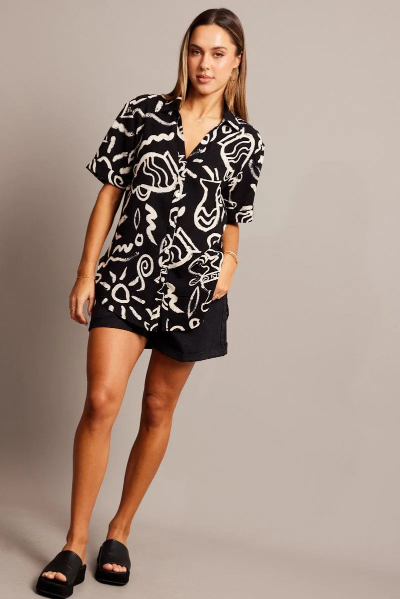 Black Abstract Relaxed Shirt Short Sleeve V-Neck sold by Ally Fashion product image thumbnail 2